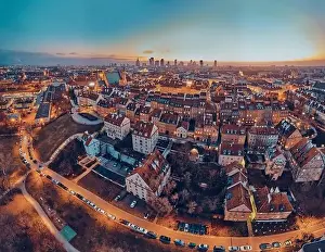 Beautiful panoramic aerial drone skyline sunset view of the Warsaw City Centre with skyscrapers of the Warsaw City