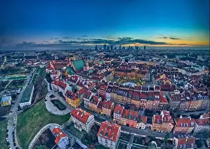 European Culture Prints: Beautiful panoramic aerial drone skyline sunset view of the Warsaw City Centre with skyscrapers of the Warsaw City