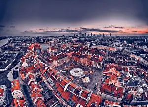 European Culture Prints: Beautiful panoramic aerial drone skyline sunset view of the Warsaw City Centre with skyscrapers of the Warsaw City