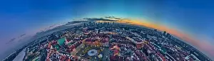 European Culture Prints: Beautiful panoramic aerial drone skyline sunset view of the Warsaw City Centre with skyscrapers of the Warsaw City