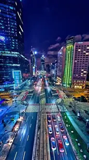 Light Night Prints: Beautiful panoramic aerial drone skyline view of the center of night Warsaw with skyscrapers in the background