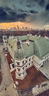 Aero Prints: Beautiful panoramic aerial drone view on the Center of Contemporary Art in the Ujazdowski Castle against the Warsaw