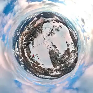 Silesia Prints: Beautiful panoramic aerial drone view little planet - 360 degree panorama to the to the Istebna - large village