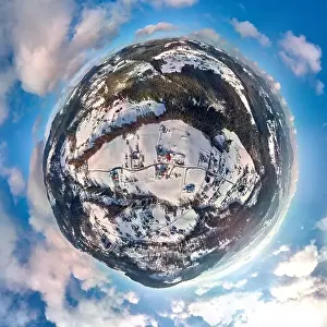 Beautiful panoramic aerial drone view little planet - 360 degree panorama to the to the Istebna - large village
