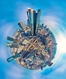 Beautiful panoramic aerial drone view little planet - 360 degree panorama - to Warsaw modern City