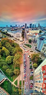 Crossroads Prints: Beautiful panoramic aerial drone view to The Main Building of the Warsaw University of Technology - the historic