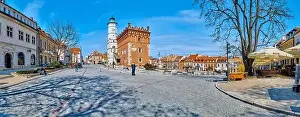 Market Square Prints: Beautiful panoramic aerial drone view to the market square in Sandomierz - with the Gothic town hall in the middle - a