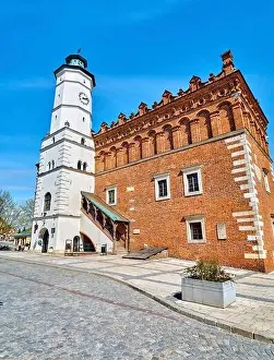 Market Square Prints: Beautiful panoramic aerial drone view to the market square in Sandomierz - with the Gothic town hall in the middle - a