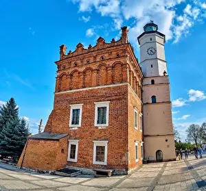 Beautiful panoramic aerial drone view to the market square in Sandomierz - with the Gothic town hall in the middle - a