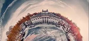 Baths Prints: Beautiful panoramic aerial drone view of the Palace on the Isle (Polish: Palac Na Wyspie)