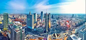 Rondo 1 Prints: Beautiful panoramic aerial drone view to panorama cityscape of Warsaw modern City