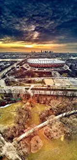 Landscape Architecture Prints: Beautiful panoramic aerial drone view to panorama of Warsaw modern City with skyscraper