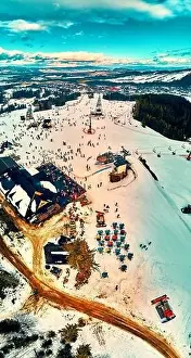 Ski Lift Prints: Beautiful panoramic aerial drone view to the ski slopes with lifts in the Bialka Tatrzanska ski resort Tatra Mountains