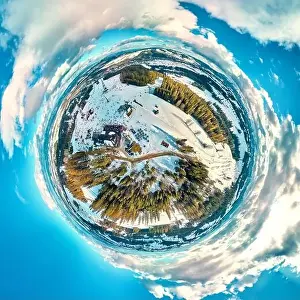 Ski Lift Prints: Beautiful panoramic aerial drone view to the ski slopes with lifts in the Bialka Tatrzanska ski resort Tatra Mountains