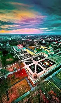Beautiful panoramic aerial drone view to Wilanow Palace or Wilanowski Palace - is a royal palace located in the Wilanow
