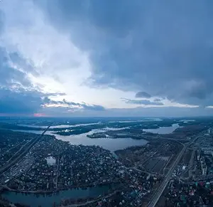 Dnepr Prints: Beautiful panoramic aerial view of the Dnieper River and the North Bridge or Moscow Bridge from the left bank