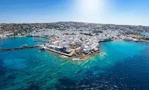 Beautiful, panoramic aerial view of Mykonos island town