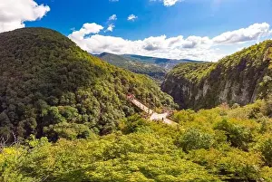 Imereti Prints: Beautiful panoramic view from the drone to Tourists On Observation Platform on Suspension Bridge Up To 140 Meters Above