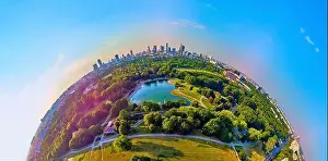 Pola Mokotowskie Prints: A beautiful panoramic view of the sunset in a fabulous evening in June from drone at Pola Mokotowskie in Warsaw