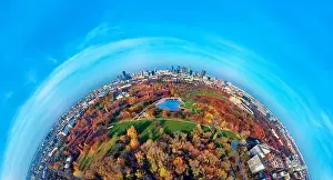 Pkin Prints: A beautiful panoramic view of the sunset in a fabulous November autumn evening at sunset from drone at Pola Mokotowskie