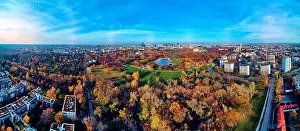 Pkin Prints: A beautiful panoramic view of the sunset in a fabulous November autumn evening at sunset from drone at Pola Mokotowskie