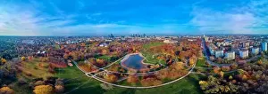 Pkin Prints: A beautiful panoramic view of the sunset in a fabulous November autumn evening at sunset from drone at Pola Mokotowskie