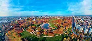 Pkin Prints: A beautiful panoramic view of the sunset in a fabulous November autumn evening at sunset from drone at Pola Mokotowskie