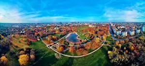 Pkin Prints: A beautiful panoramic view of the sunset in a fabulous November autumn evening at sunset from drone at Pola Mokotowskie