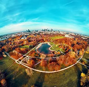 Pkin Prints: A beautiful panoramic view of the sunset in a fabulous November autumn evening at sunset from drone at Pola Mokotowskie