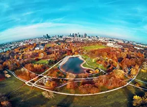 Pkin Prints: A beautiful panoramic view of the sunset in a fabulous November autumn evening at sunset from drone at Pola Mokotowskie