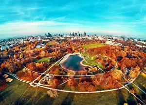 Pkin Prints: A beautiful panoramic view of the sunset in a fabulous November autumn evening at sunset from drone at Pola Mokotowskie