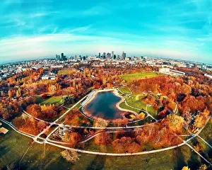 Pkin Prints: A beautiful panoramic view of the sunset in a fabulous November autumn evening at sunset from drone at Pola Mokotowskie