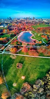 Pkin Prints: A beautiful panoramic view of the sunset in a fabulous November autumn evening at sunset from drone at Pola Mokotowskie