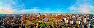 Pkin Prints: A beautiful panoramic view of the sunset in a fabulous November autumn evening at sunset from drone at Pola Mokotowskie