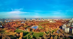 Pkin Prints: A beautiful panoramic view of the sunset in a fabulous November autumn evening at sunset from drone at Pola Mokotowskie