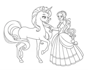 Unicorn Prints: Beautiful princess with unicorn. Vector coloring illustration