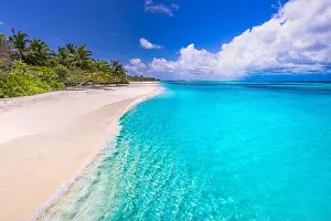 Beautiful, relaxing outdoor landscape of tropical island beach. Palm trees over blue azure ocean lagoon. Exotic traveling destination, summer vacation