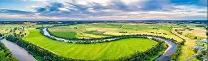 Travel Locations Prints: Beautiful river bends in agricultural land in Australia - wide aerial panorama