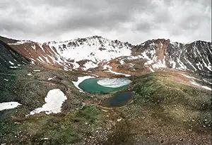 Beautiful scenery of the glacier mountain lakes near Almaty city, Kazakhstan. Aerial shot with drone