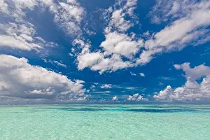 Beautiful sea and blue sky. Tropical beautiful seascape panorama. Ocean nature pattern, peaceful seascape, natural view, horizon