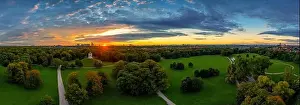 Hight Prints: A beautiful start in the day. Sunset over Munichs English Garden as an aerial panorama
