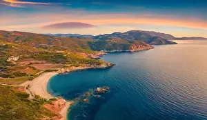 Beautiful summer scenery. Colorfuul view from flying drone of Cheromylos beach