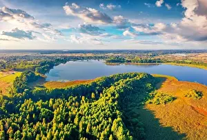 Beautiful summer scenery. Stunning morning view from flying drone of Pishchans'ke lake