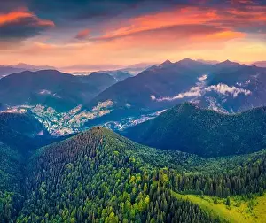 Forest Road Prints: Beautiful summer scenery. Wonderful summer view from flying drone of Carpathian mountains