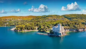 Beautiful summer view from flying drone of Miramare Castle