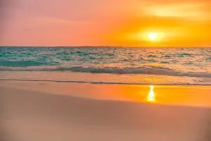 Beams Prints: Beautiful sunrise beach. Exotic dramatic shore waves on sand