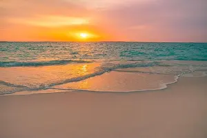Beautiful sunrise beach. Exotic dramatic shore waves on sand, sea surface. Closeup tropical Mediterranean dream sunset sky. Peaceful tranquil relax