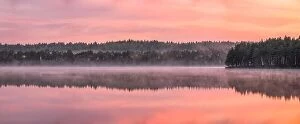 Images Dated 31st August 2019: Beautiful sunrise landscape with misty mood and calm lake at foggy summer morning in Finland