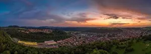 Wuerttemberg Prints: Beautiful sunset view over the recreation area of the Schwaebische Alb and it's city Albstadt