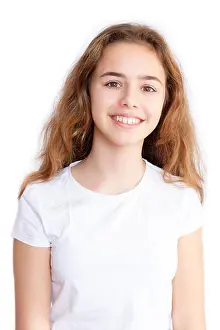 T Shirt Prints: Beautiful teen girl in white t-shirt smiling to camera